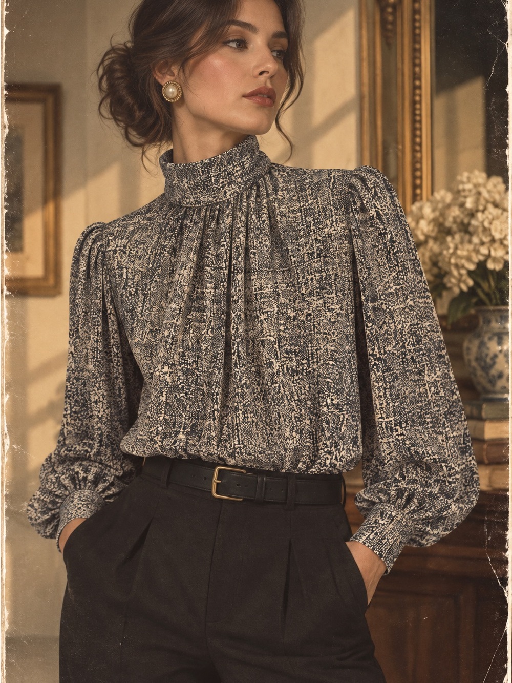 Vintage Oscar de la Renta Black and White High-Neck Pleated Blouse Made in USA
